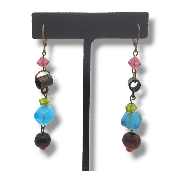 Brass Tone Dangle Drop Long Earrings Mixed Bead Leverback Boho - Picture 2 of 6